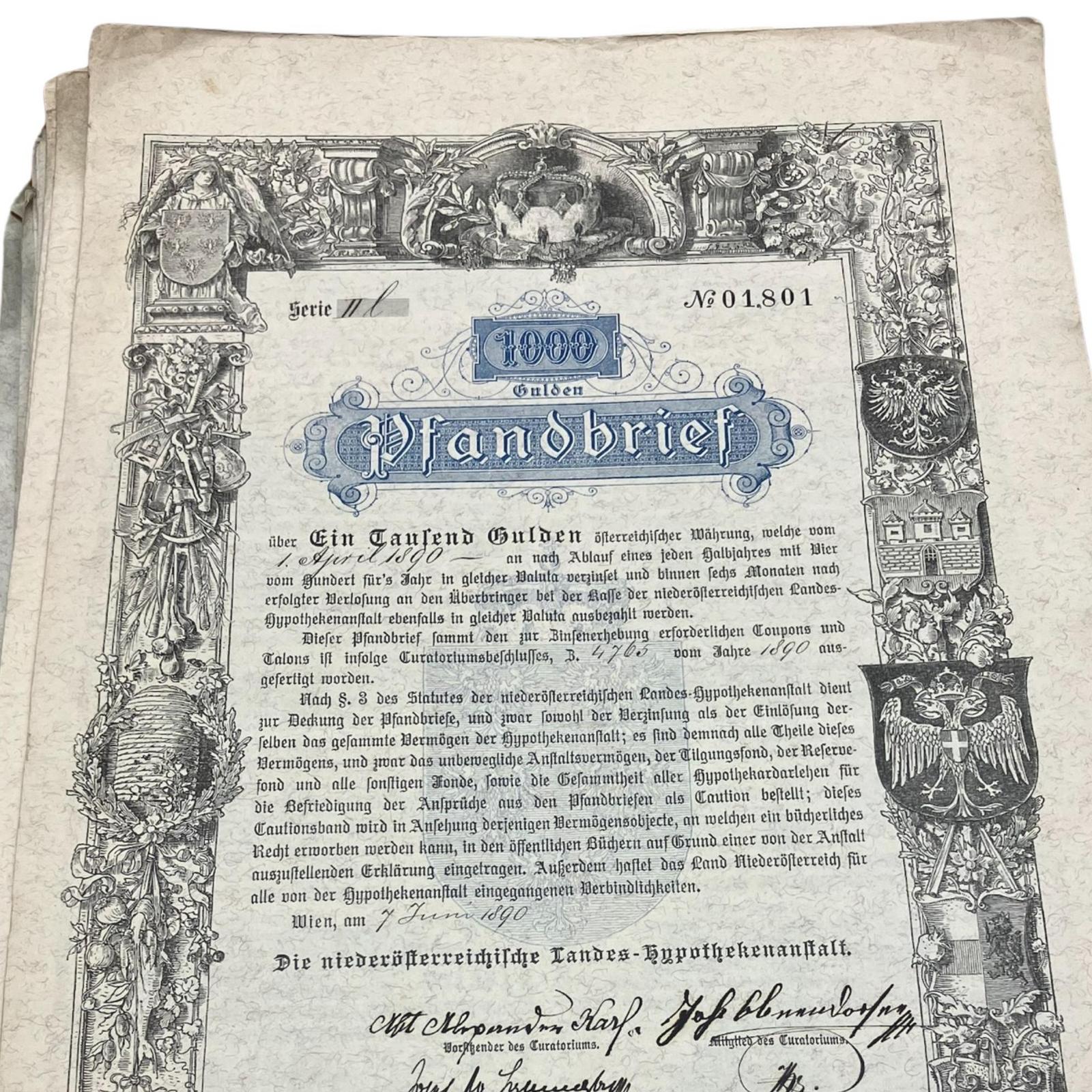 ein altes Blatt Papier, das einen historischen, kunstvoll verzierten Pfandbrief der NÖ Landes-Hypothekenanstalt zeigt