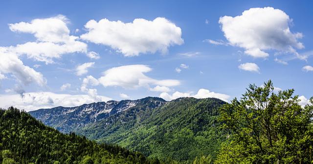 Panorama von bewaldeten Bergern unter blauem Himmel mit Wolken